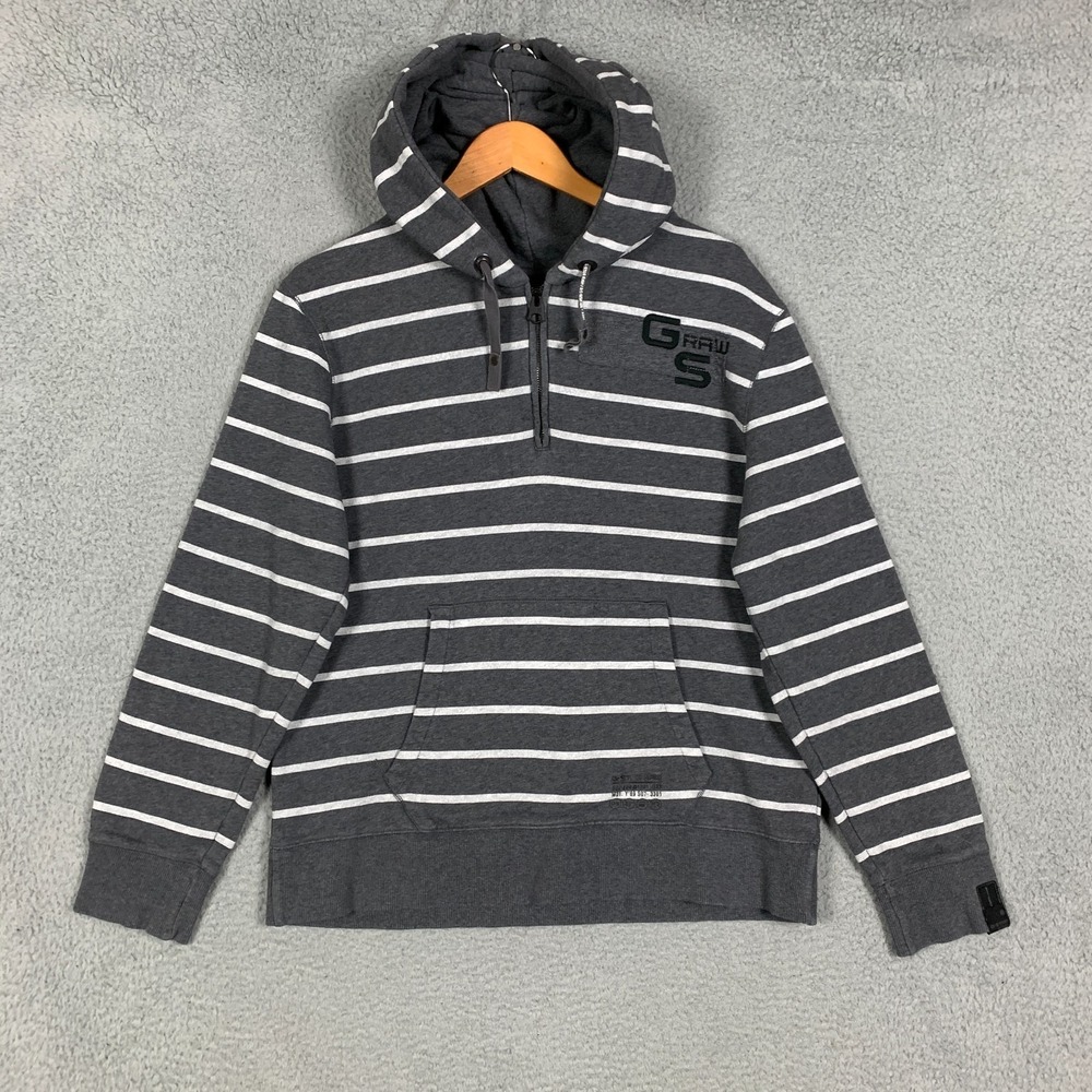 G-Star Raw Sweatshirt Men's XL Gray/White Striped Hooded 1/4 Zip Pullover Terry